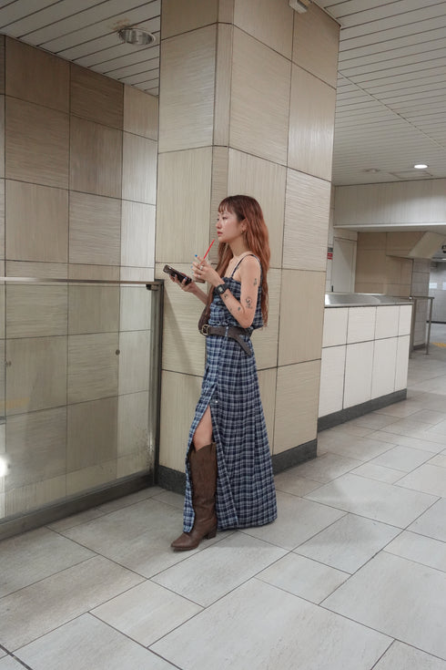 チェックスリットボタンスカート